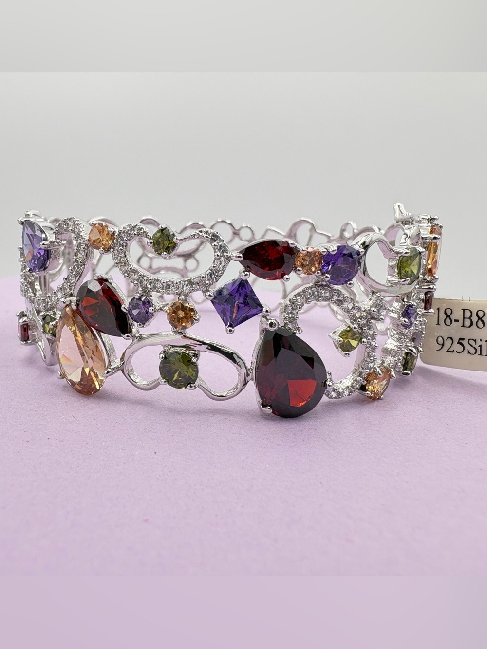 New Sterling Silver 925 Multicolor Pave Crystal Statement Cuff Bracelet - Picture 3 of 16